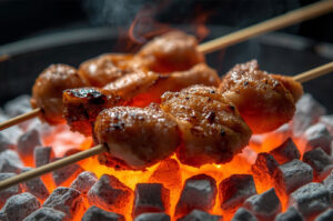 Close-up of glossy, marinated chicken skewers (yakitori) grilling over glowing red and gray binchōtan charcoal.