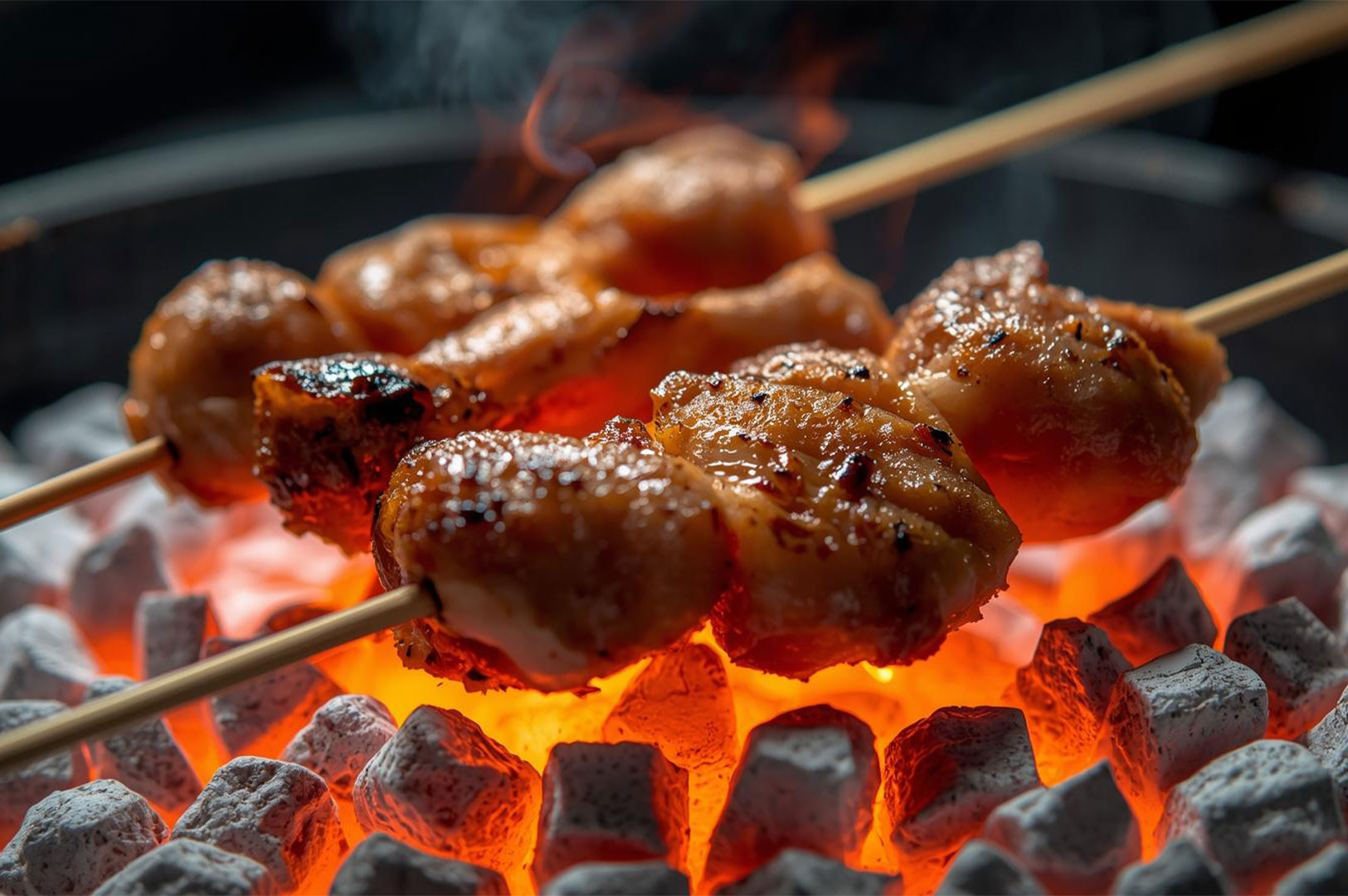 Close-up of glossy, marinated chicken skewers (yakitori) grilling over glowing red and gray binchōtan charcoal.