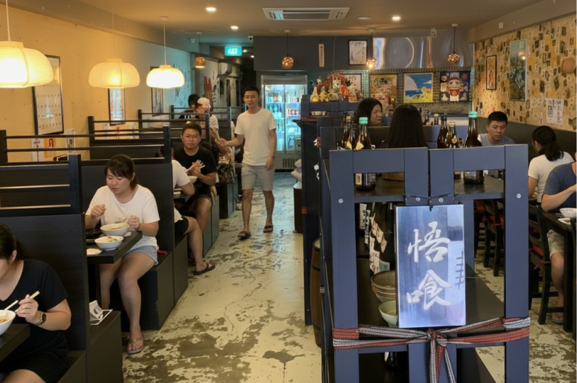 A casual, busy Japanese restaurant with diners seated in black booths and a man in a white t-shirt walking down the center aisle.