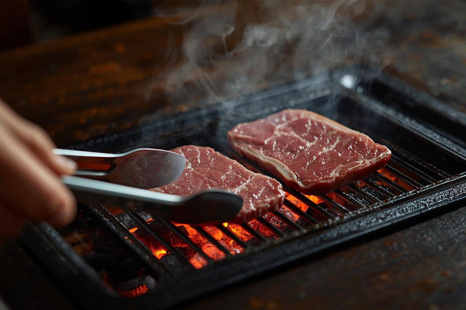 Close-up shot of two raw steaks cooking on a hot black charcoal grill, with a person's hand using metal tongs to flip one of the cuts.