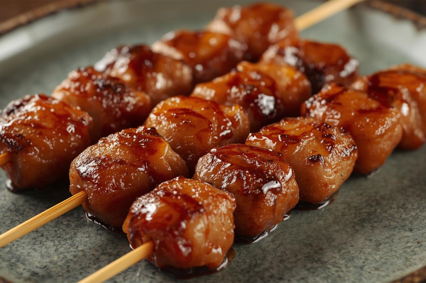 Close-up of glistening, sauce-glazed Yakitori chicken skewers served on a rustic ceramic plate.