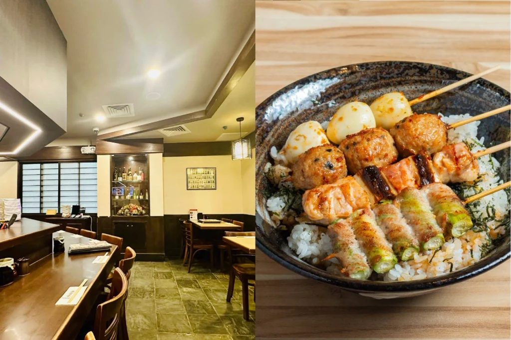 This split image presents both the interior and cuisine of a Japanese restaurant. The left half showcases an inviting, dimly lit dining space featuring a long wooden counter bar with individual placemats and chopsticks, leading back towards small tables and a decorative cabinet filled with a curated selection of sake bottles. Traditional Japanese design elements are evident, including a shoji-style window and a decorative paper lantern hanging near the rear wall. The right half offers a appetizing close-up of a Japanese rice bowl, featuring five distinct yakitori (grilled skewers) resting on a bed of rice and furikake. The skewers include savory chicken meatballs (tsukune), grilled chicken and scallion (negima), cherry tomatoes, chicken skin, and quail eggs, all glazed with a savory sauce, beautifully presented in a textured, dark ceramic bowl.