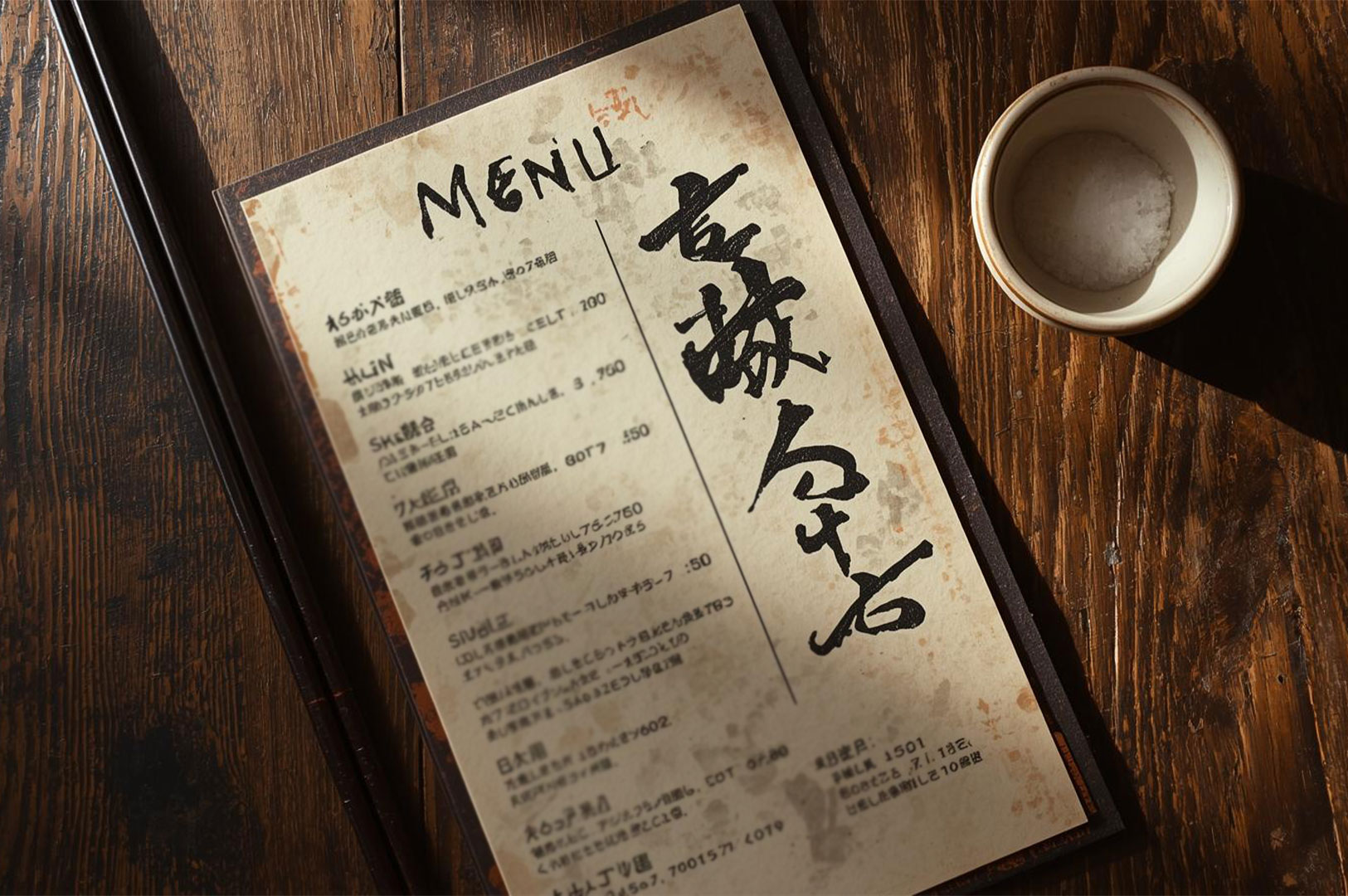 A rustic, handwritten Japanese menu lying on a wooden table next to a small bowl of salt.