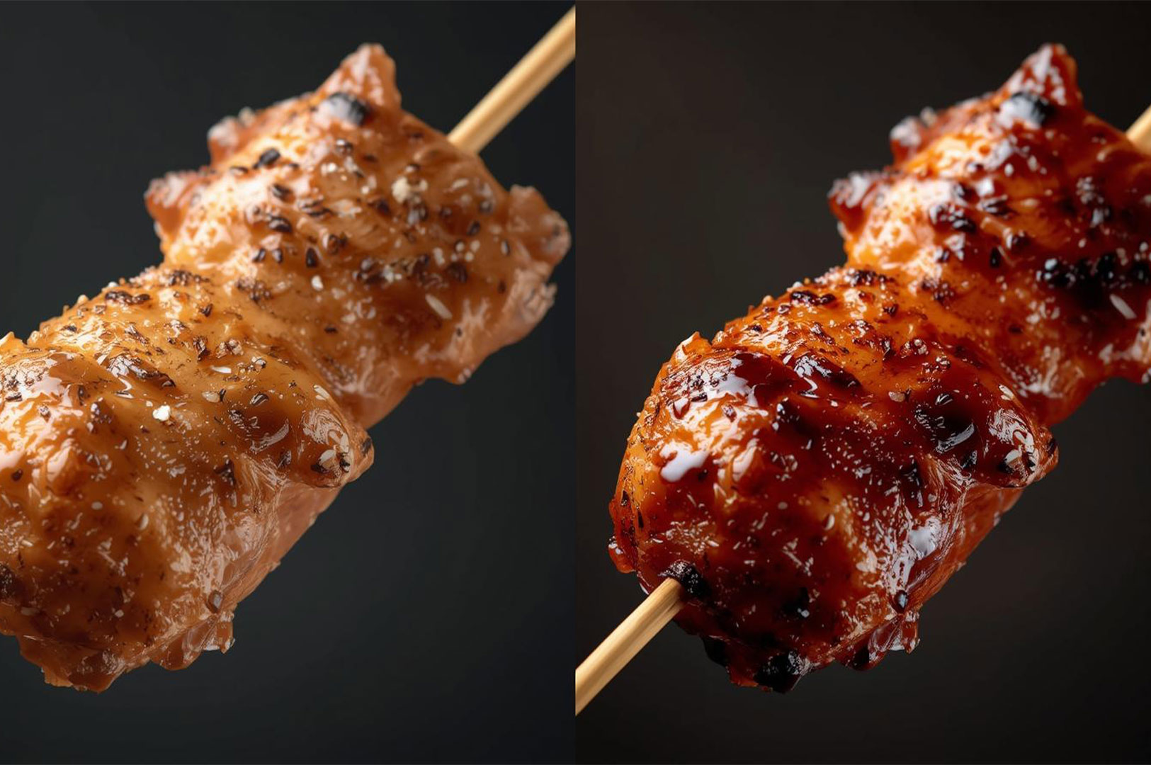Side-by-side comparison of two grilled chicken thigh yakitori skewers: one seasoned with salt (shio) and pepper, the other glazed with sweet soy sauce (tare).