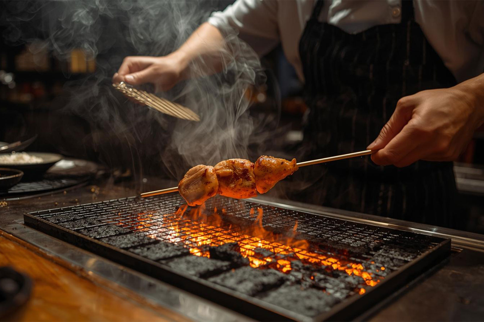 A chef grilling a chicken skewer over an open charcoal flame with dramatic smoke rising in a professional Japanese kitchen.