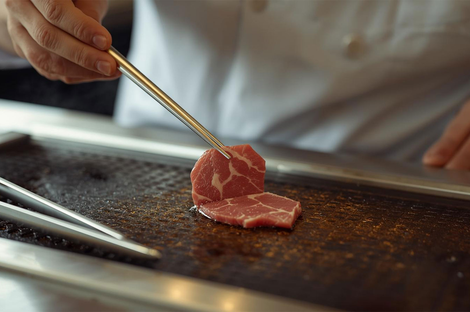 A close-up action shot of metal tongs placing a slice of raw beef onto a hot teppanyaki-style grill plate.
