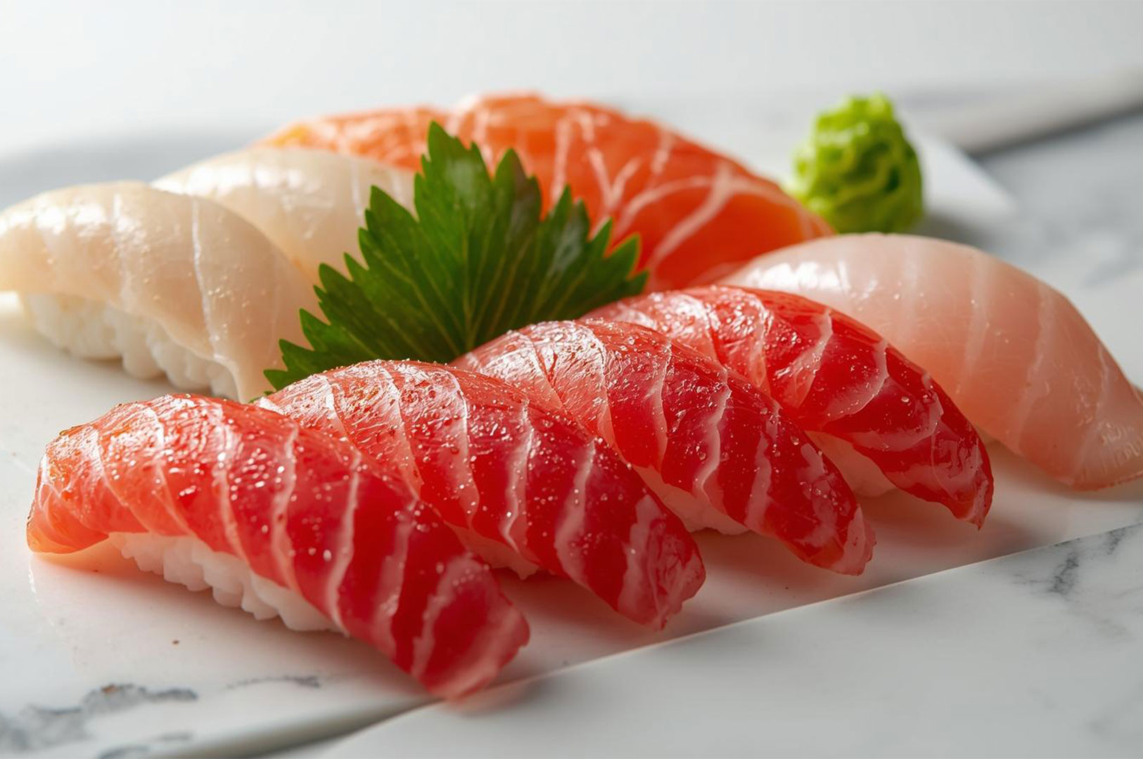 A platter of fresh Nigiri sushi featuring glossy cuts of tuna (maguro), salmon, and white fish accompanied by a dollop of wasabi.