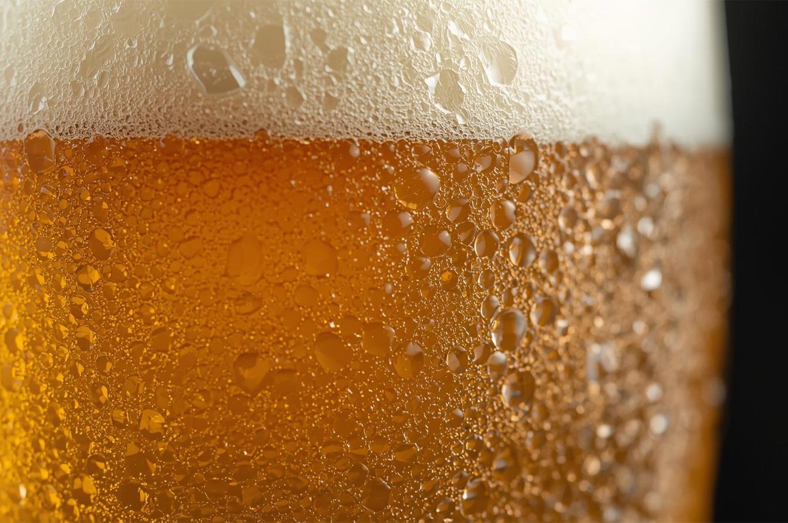 Extreme close-up of a glass of cold, golden beer with condensation droplets on the outside and a thick, creamy white head of foam.