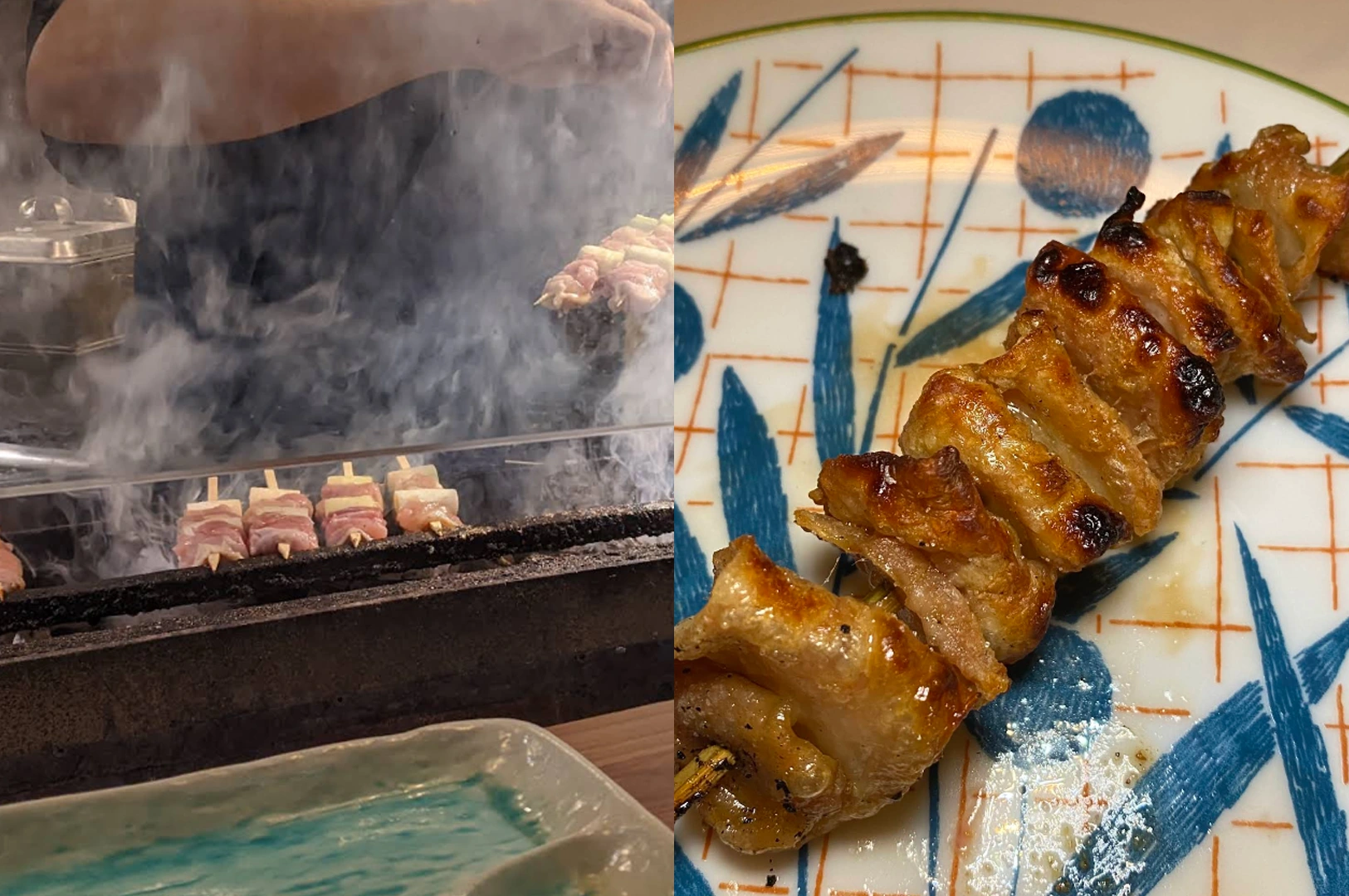 A split image with a focus on Japanese yakitori. The left side is a slightly elevated, close-up photograph showing raw chicken thigh and green onion skewers arranged in a line on a traditional charcoal binchotan grill. The grill is actively producing plumes of smoke that obscure the chef’s hands and torso above. In the bottom foreground, a textured, patterned rectangular plate with aqua-blue and gray swirls sits ready to receive the cooked skewers. The right side is a macro close-up photograph of a single finished skewer featuring grilled chicken skin (kawa), heavily charred and glistening with fat. The meat is wound tightly around the wooden stick and has a deeply golden-brown, crispy texture. It is placed diagonally on a decorative ceramic plate with an abstract design of blue brushstrokes, gridlines, and a circle. The plate sits on a smooth wooden surface.