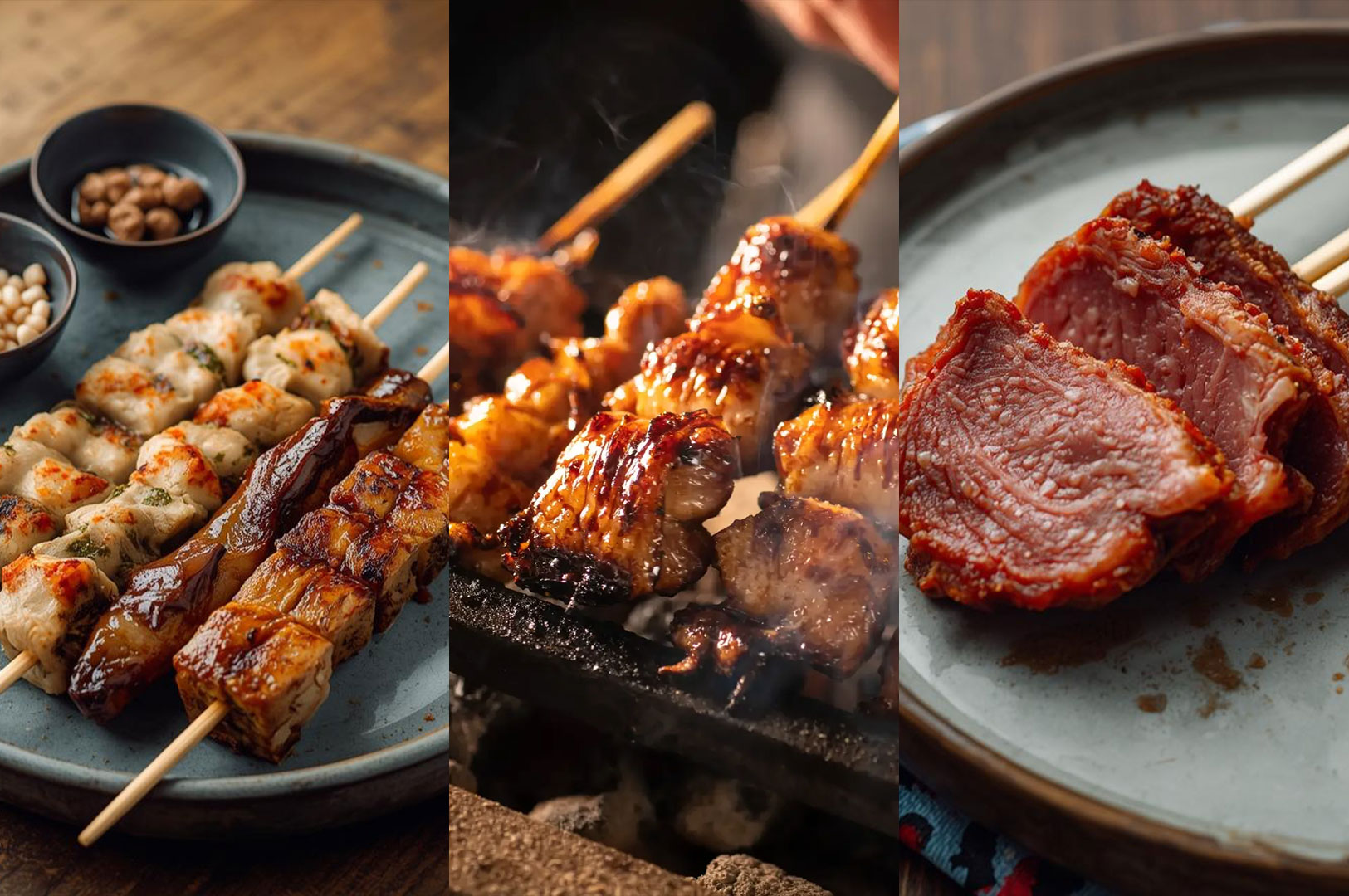 A triptych showing an assortment of cooked yakitori: chicken skewers (negima and tsukune), glazed skewers grilling, and thick-cut seared beef skewers on plates.