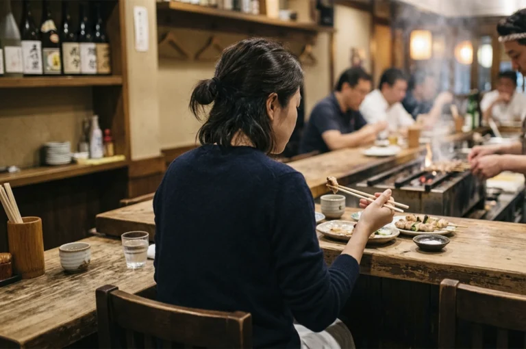A solo diner from behind, seated at a rustic wooden counter in an intimate Japanese yakitori restaurant. The individual, wearing a dark navy sweater with their dark hair tied in a loose bun, holds chopsticks to a piece of grilled meat, focusing on a small ceramic plate of unfinished skewers. In the background, the scene is bustling yet softly blurred; other patrons line the counter while a chef in a traditional brown uniform tends to a charcoal grill, where small flames and wisps of smoke rise. The lighting is soft and natural, emphasizing the warm wood textures and the organized shelves of sake bottles in the background, creating a quiet, documentary-style atmosphere of solitary urban dining.