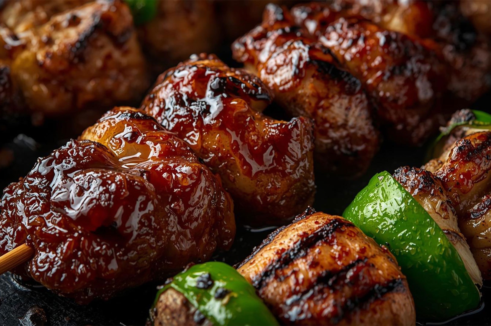 A mouth-watering close-up of grilled yakitori chicken skewers with green peppers, glistening with savory tare sauce and showing distinct char marks.