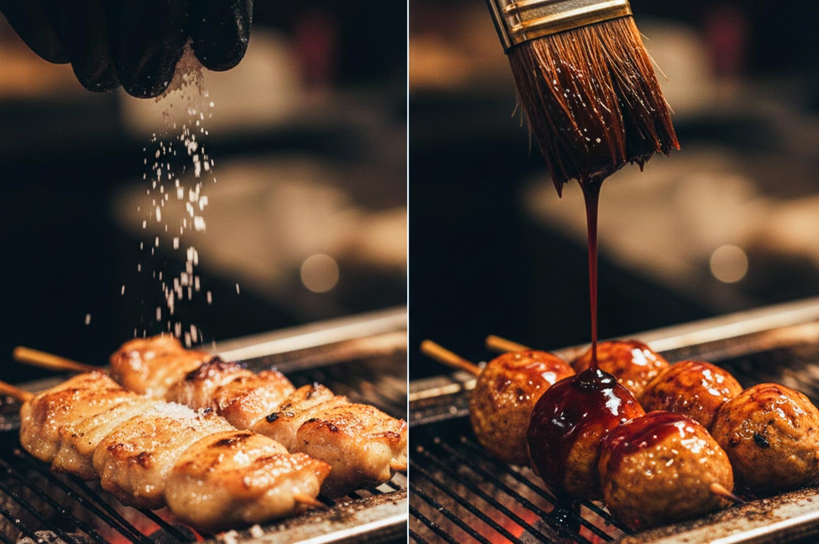Split image showing yakitori seasoning methods: sprinkling salt (shio) on chicken skewers and brushing savory glaze (tare) on chicken meatballs (tsukune).