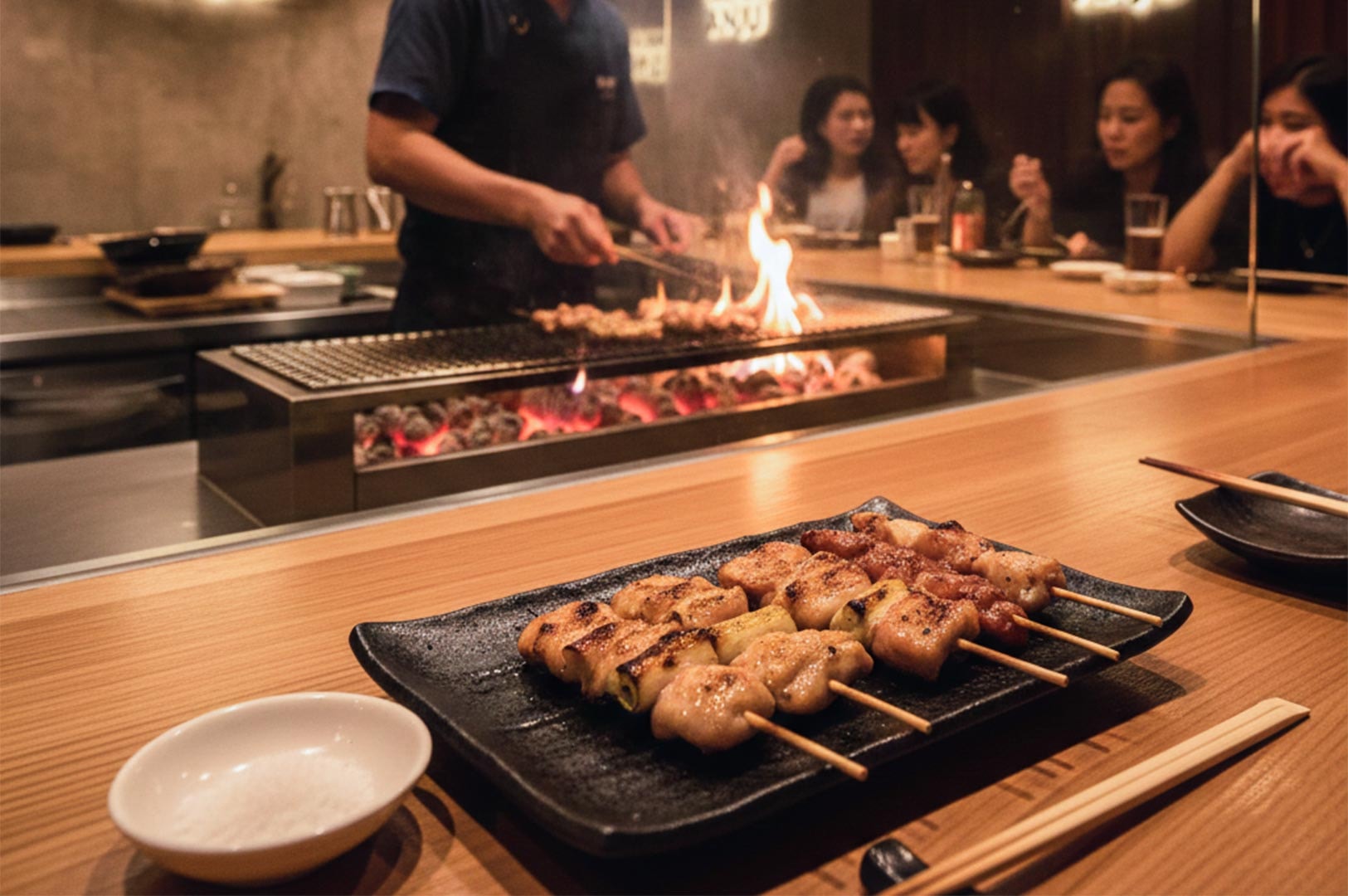 Chef grilling chicken skewers over an open charcoal fire in a dim Japanese restaurant, featuring a plate of served yakitori in the foreground.