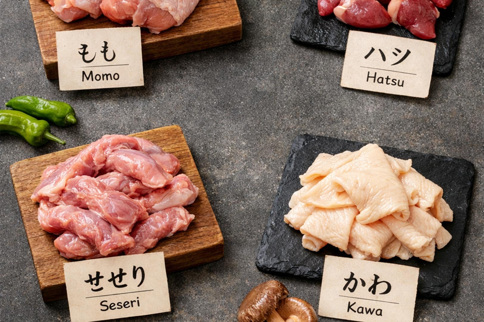 Display of raw chicken parts for yakitori labeled in Japanese and English: Momo (thigh), Hatsu (heart), Seseri (neck), and Kawa (skin).