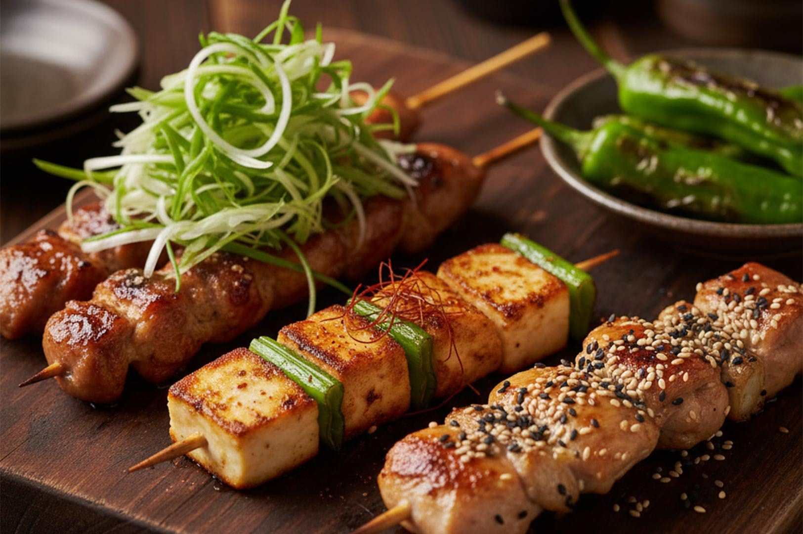 A gourmet plating of grilled skewers, featuring chicken topped with shredded green onions and sesame-crusted tofu skewers.