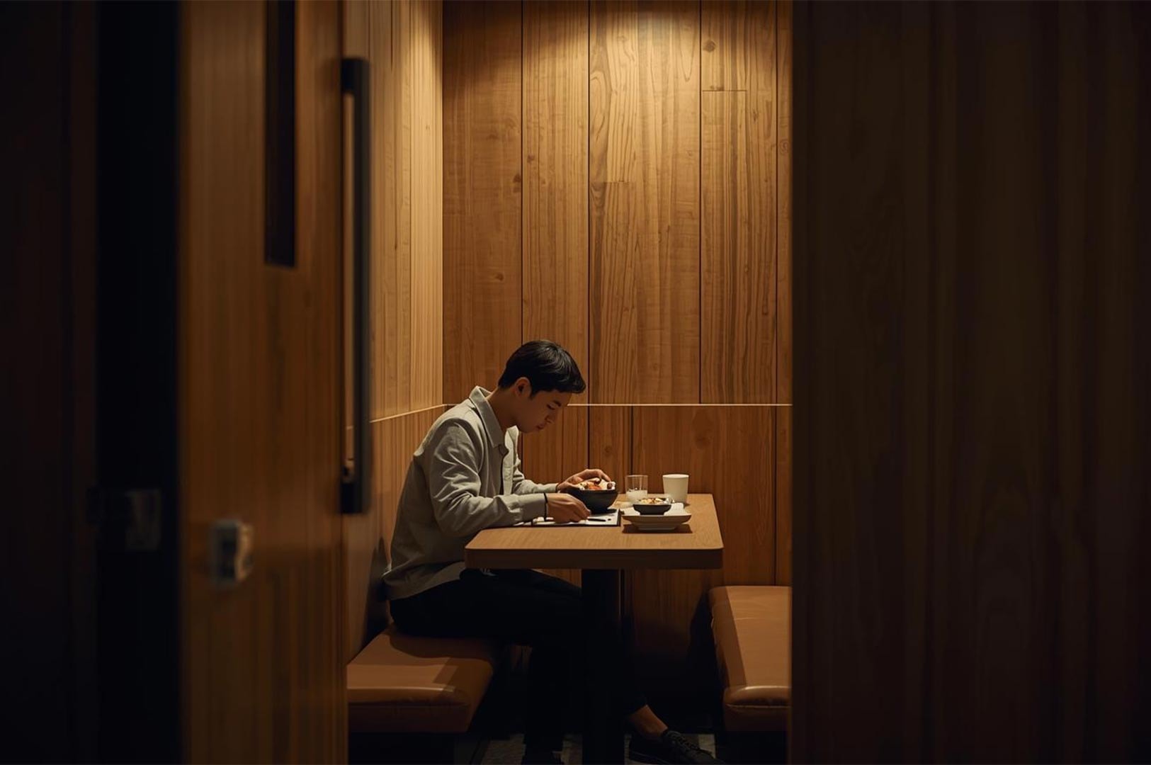 A man dining alone in a private, minimalist wood-paneled booth at a Japanese restaurant under warm spotlighting.