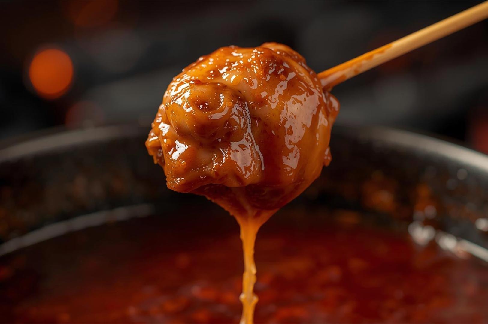 A close-up shot of a Tsukune (Japanese chicken meatball) skewer dripping with savory glaze after being dipped in a pot of tare sauce.