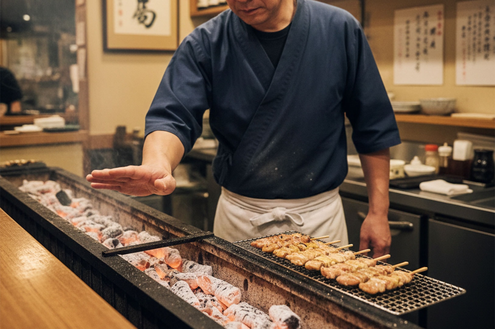 A Japanese yakitori master holding his hand over a long charcoal grill to manually gauge the heat distribution and temperature of the white charcoal.