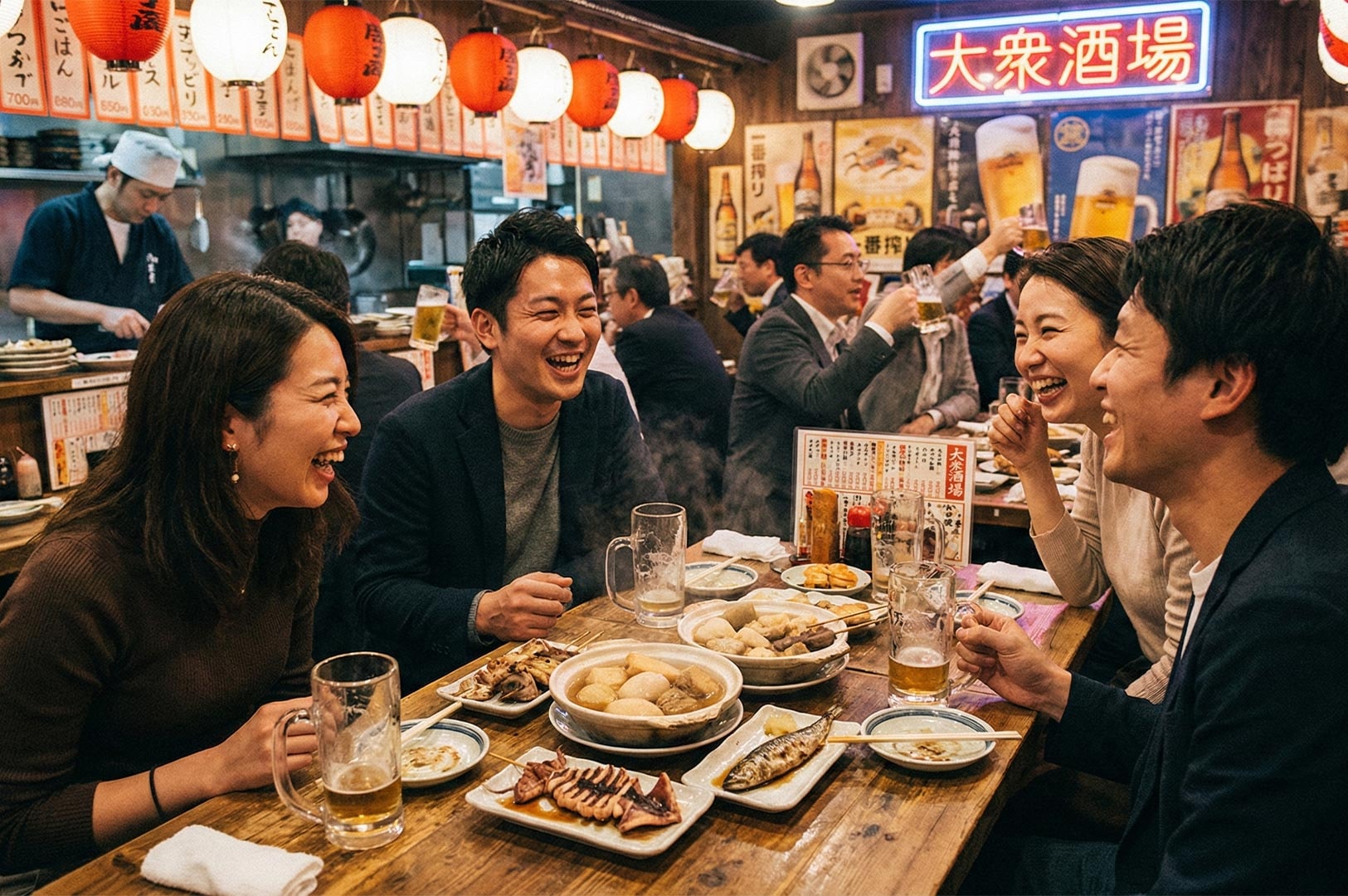 A group of four happy friends laughing and talking while sharing traditional Japanese dishes and beer at a vibrant izakaya decorated with red lanterns.