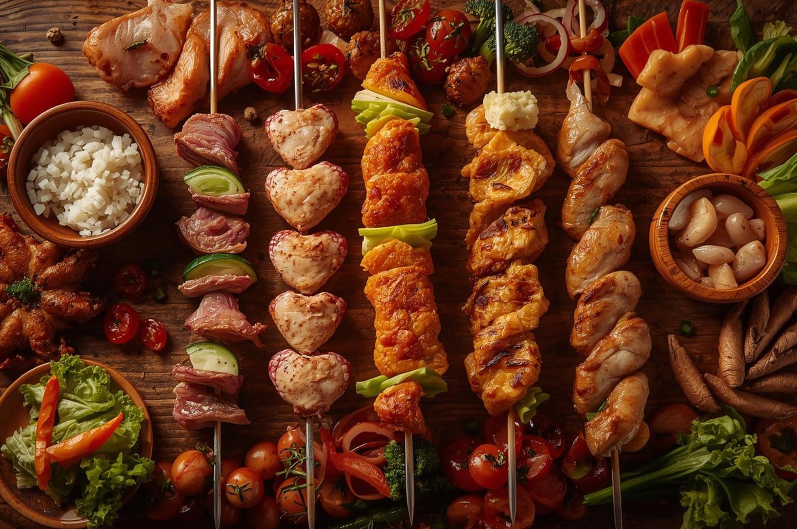 A chef holding a wooden presentation box filled with fresh, raw skewers including chicken, bacon-wrapped asparagus, and shiitake mushrooms ready for grilling.