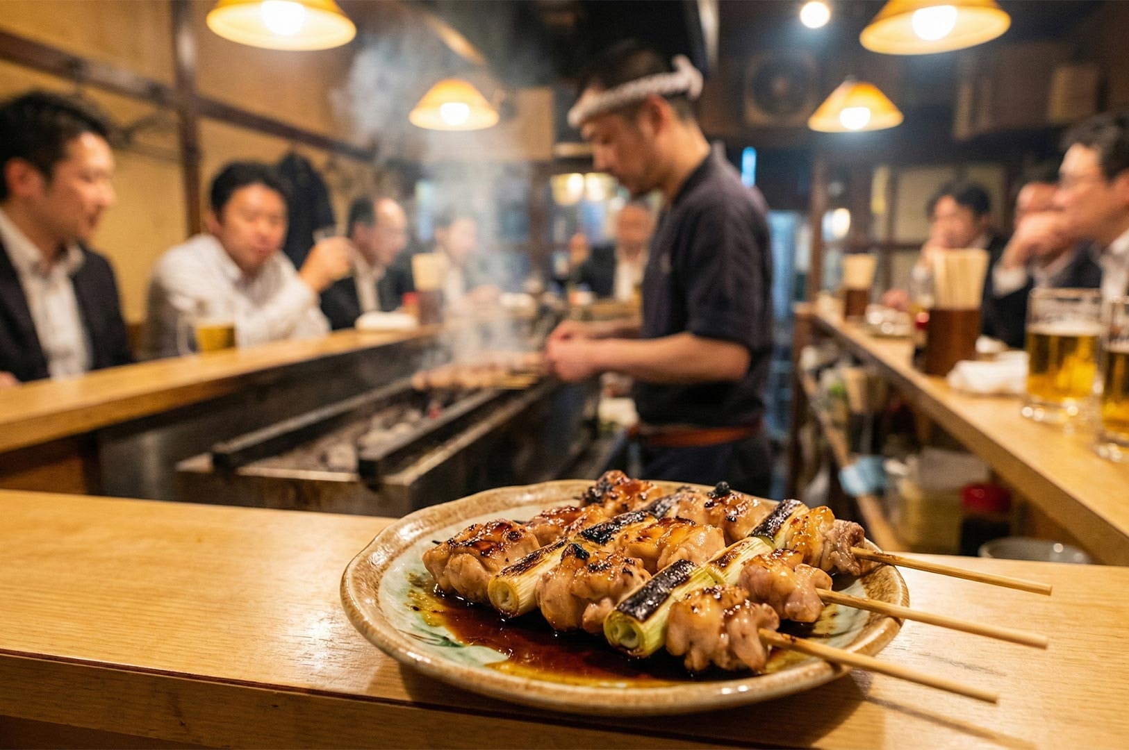 A plate of glazed Negima (chicken and leek) skewers in a lively Izakaya, with a focused chef grilling and customers drinking beer in the background.