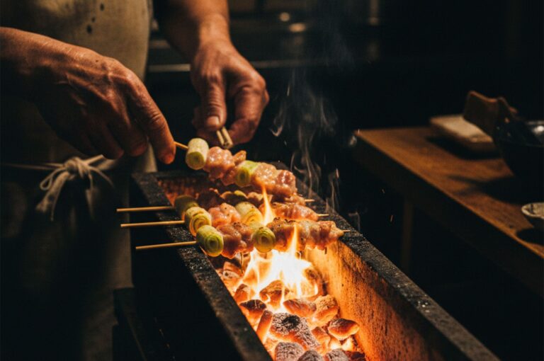 A close-up of a chef grilling chicken and green onion (Negima) yakitori skewers over an open flame using traditional charcoal.