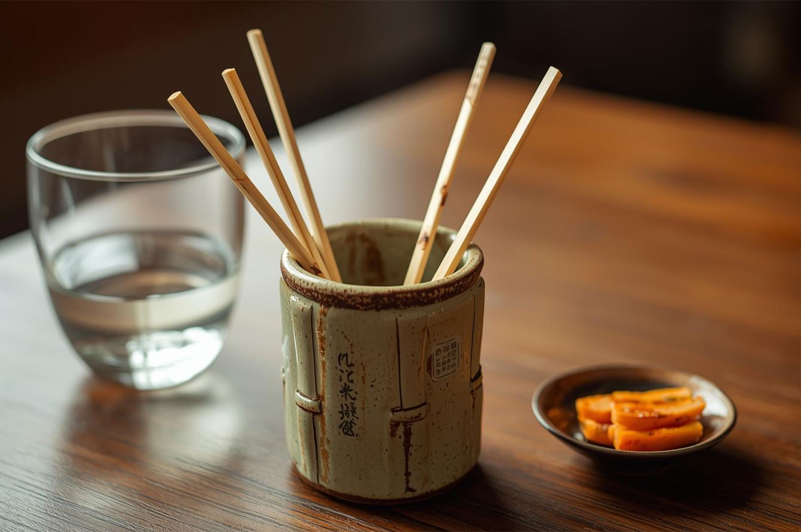 A rustic Japanese table setting featuring wooden chopsticks standing in a ceramic holder, accompanied by a glass of water and a small side dish of pickled vegetables.