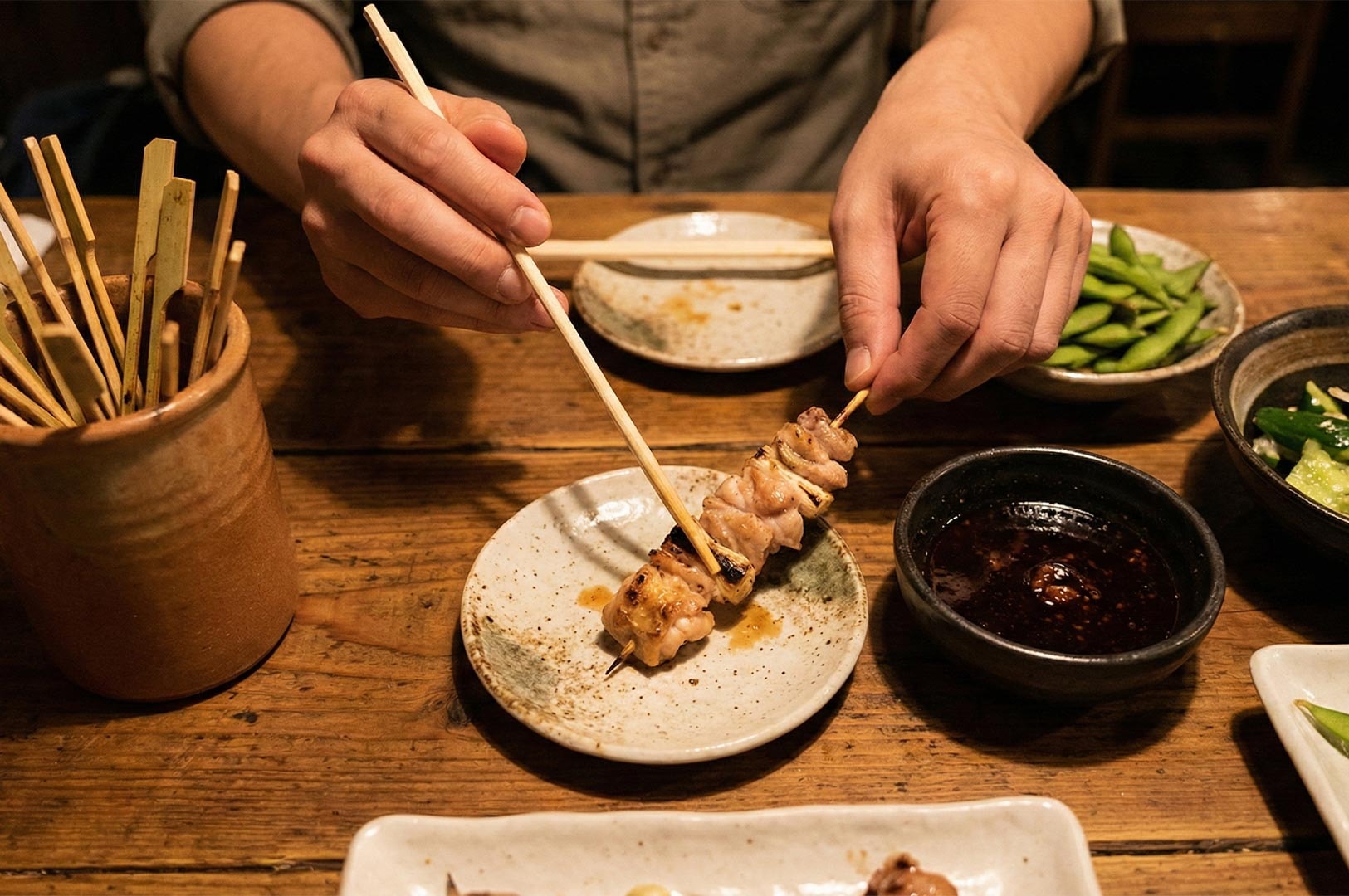 Diner enjoying yakitori at a wooden table, using chopsticks to slide grilled chicken off the bamboo skewer, with edamame and dipping sauce nearby.