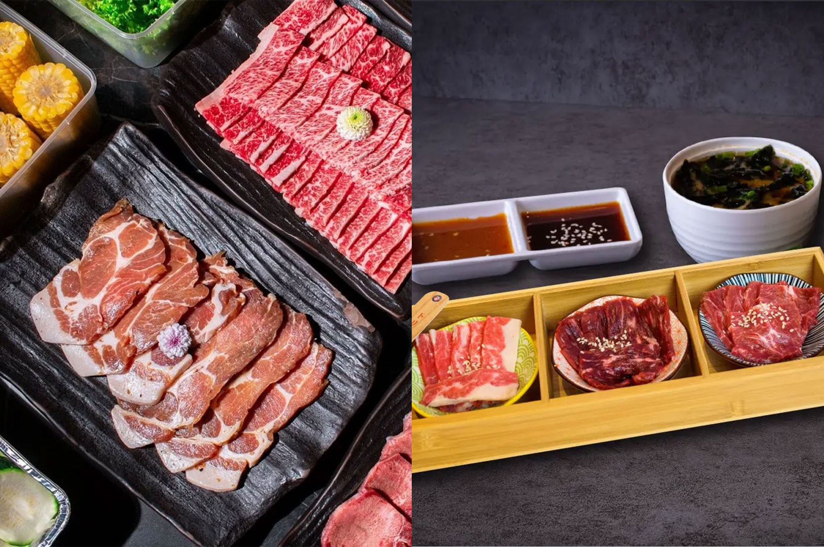 A split view showing an assortment of raw pork and beef slices on the left, and a prepared Yakiniku lunch set with dipping sauces and miso soup on the right.