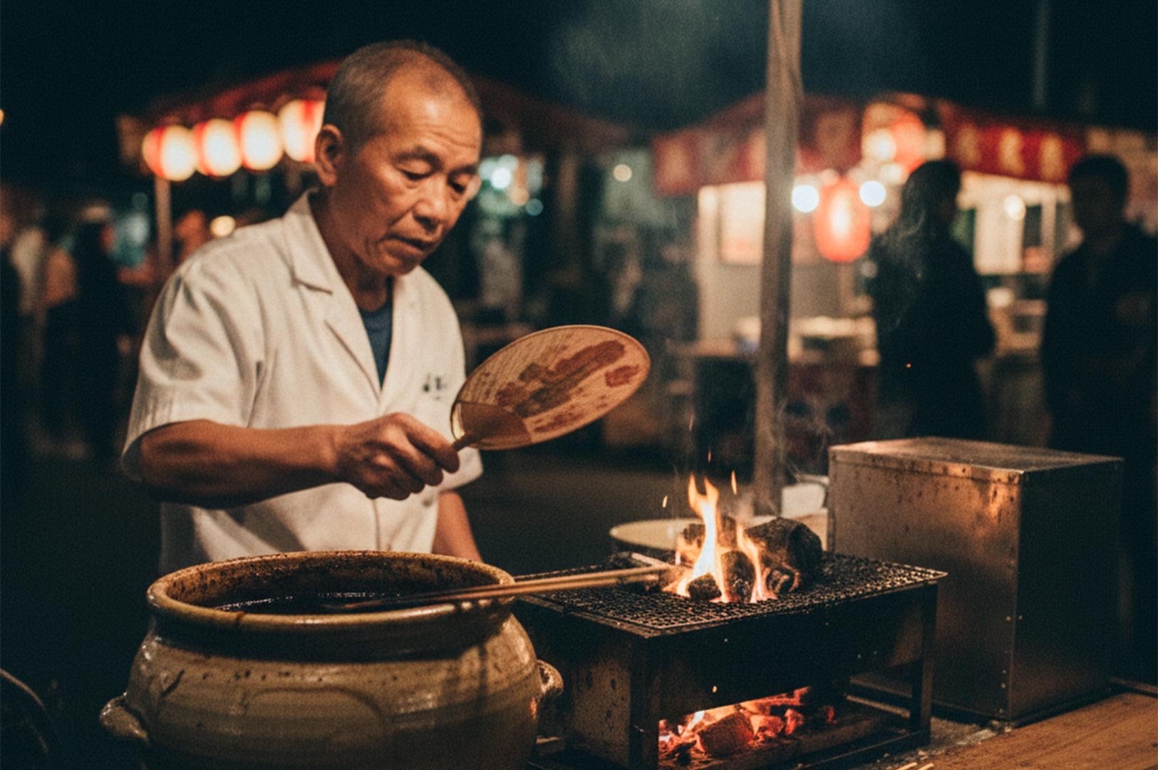 An elderly Japanese chef fanning the flames of a charcoal grill while cooking skewers at an outdoor evening street food stall.