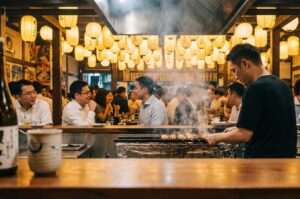A professional chef grilling yakitori skewers over a smoky charcoal grill in a crowded Japanese izakaya with traditional paper lanterns hanging from the ceiling.