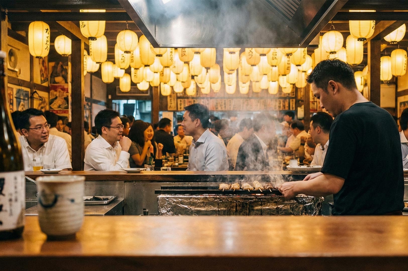 A professional chef grilling yakitori skewers over a smoky charcoal grill in a crowded Japanese izakaya with traditional paper lanterns hanging from the ceiling.
