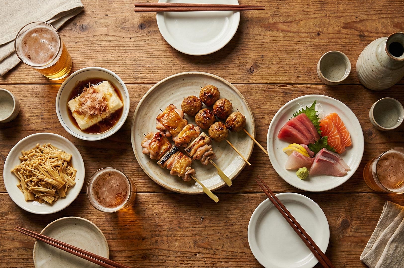 Overhead view of a wooden table featuring Japanese small plates including yakitori skewers, fresh sashimi, agedashi tofu, enoki mushrooms, and glasses of beer.