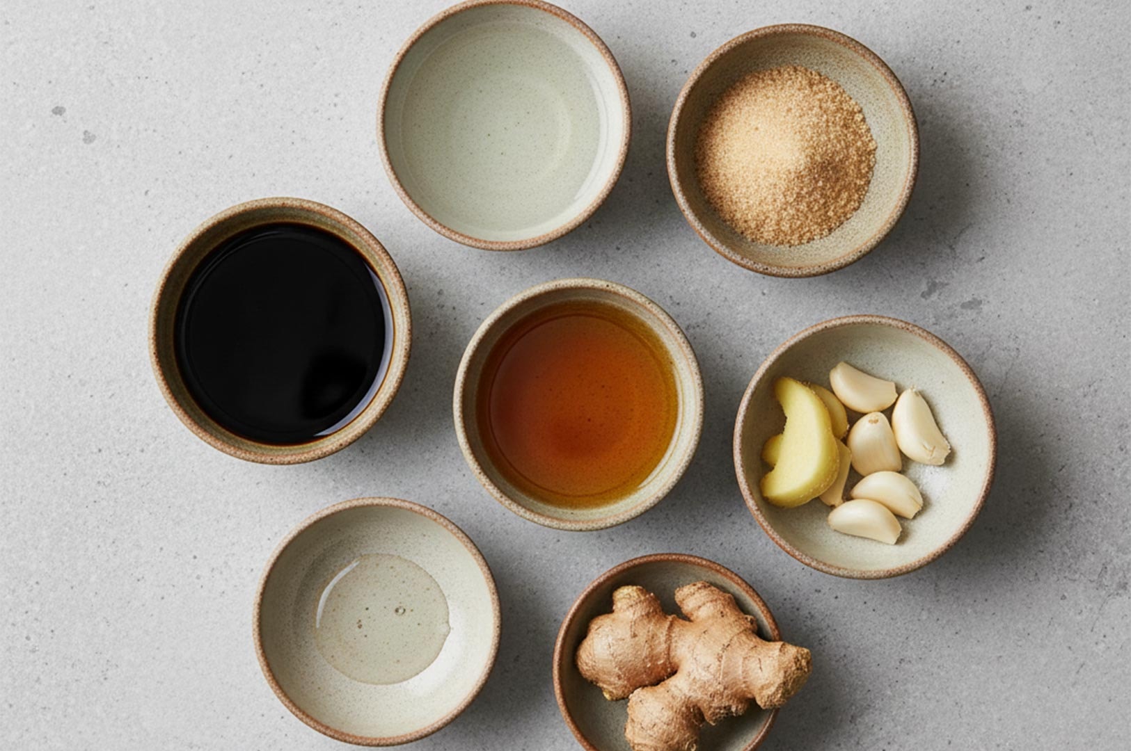 A flat lay arrangement of ingredients for making yakitori tare sauce, including soy sauce, mirin, sugar, ginger, and garlic in ceramic bowls.