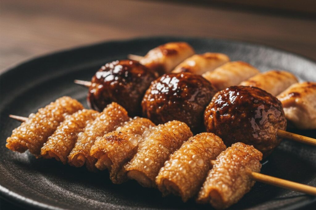 A black ceramic plate featuring crispy chicken skin skewers and glazed tsukune meatballs.