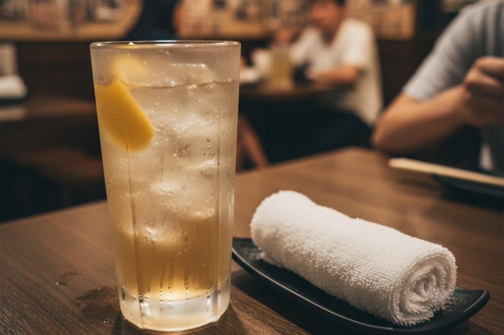 A chilled Japanese whiskey highball with a lemon wedge served on a wooden table next to a traditional rolled white hand towel (oshibori).