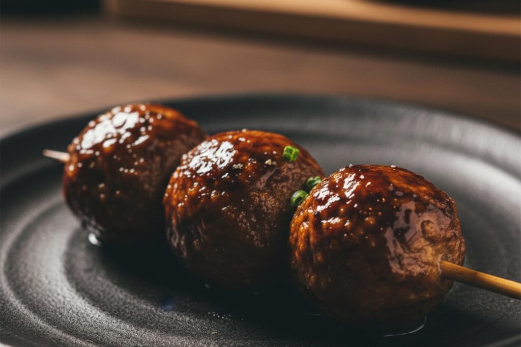 Three juicy Japanese chicken meatballs (tsukune) on a skewer with a dark tare glaze and green onion garnish.