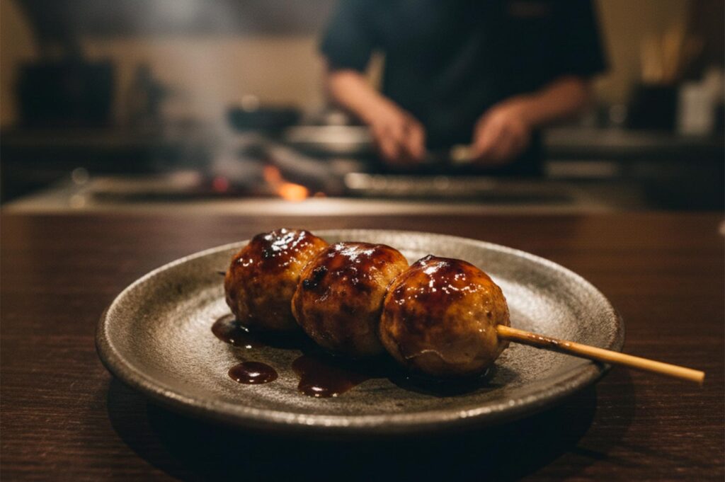 Close-up of a glazed yakitori tsukune chicken meatball skewer on a ceramic plate in a dim restaurant.