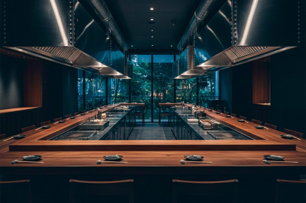 Interior of a luxury Japanese yakitori restaurant featuring a U-shaped wooden counter and industrial exhaust hoods.