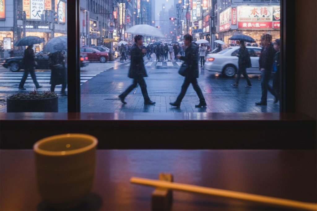 A view from inside a cozy restaurant looking out at a busy, rainy Tokyo street at dusk with pedestrians and umbrellas.