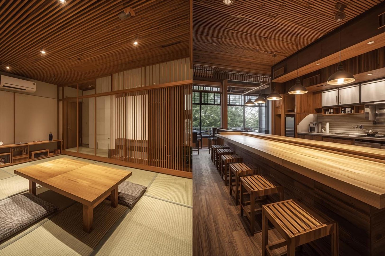 Side-by-side view of a modern Japanese restaurant interior showing a traditional tatami mat room and a sleek wooden sushi bar.