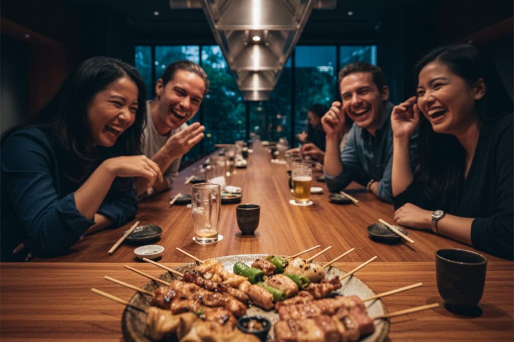 A group of four diverse friends laughing and sharing a platter of mixed yakitori skewers at a restaurant table.