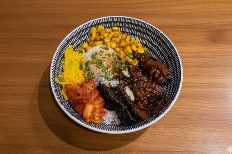 A top-down view of a Japanese rice bowl (donburi) topped with grilled beef, a soft-boiled egg, corn, kimchi, and yellow pickled radish in a black-and-white patterned bowl.