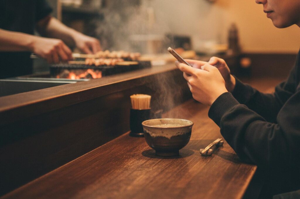 A customer sitting at a wooden restaurant counter using a smartphone while waiting for skewers to be grilled.