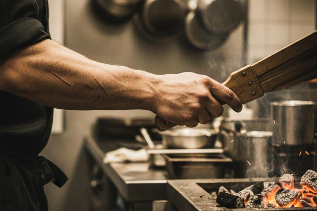 A professional chef managing a charcoal grill with sparks flying, highlighting the intense heat of traditional grilling.