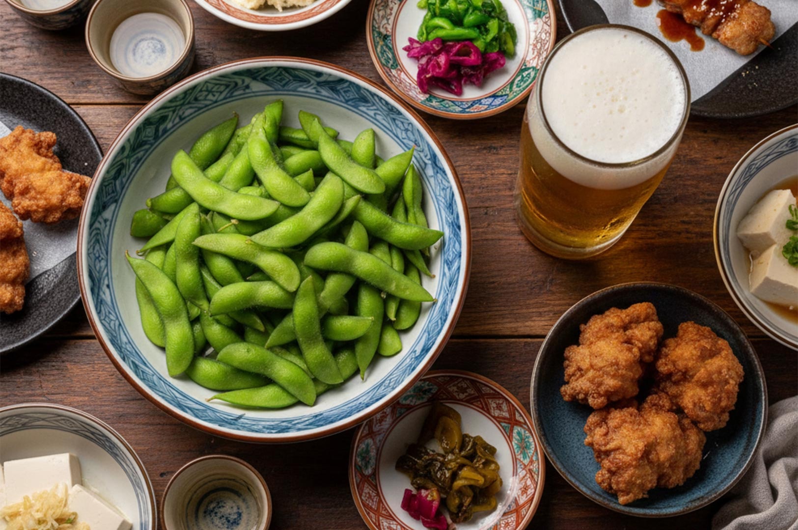 Top-down view of Japanese pub snacks including a large bowl of edamame, fried chicken karaage, pickles, and a glass of beer.