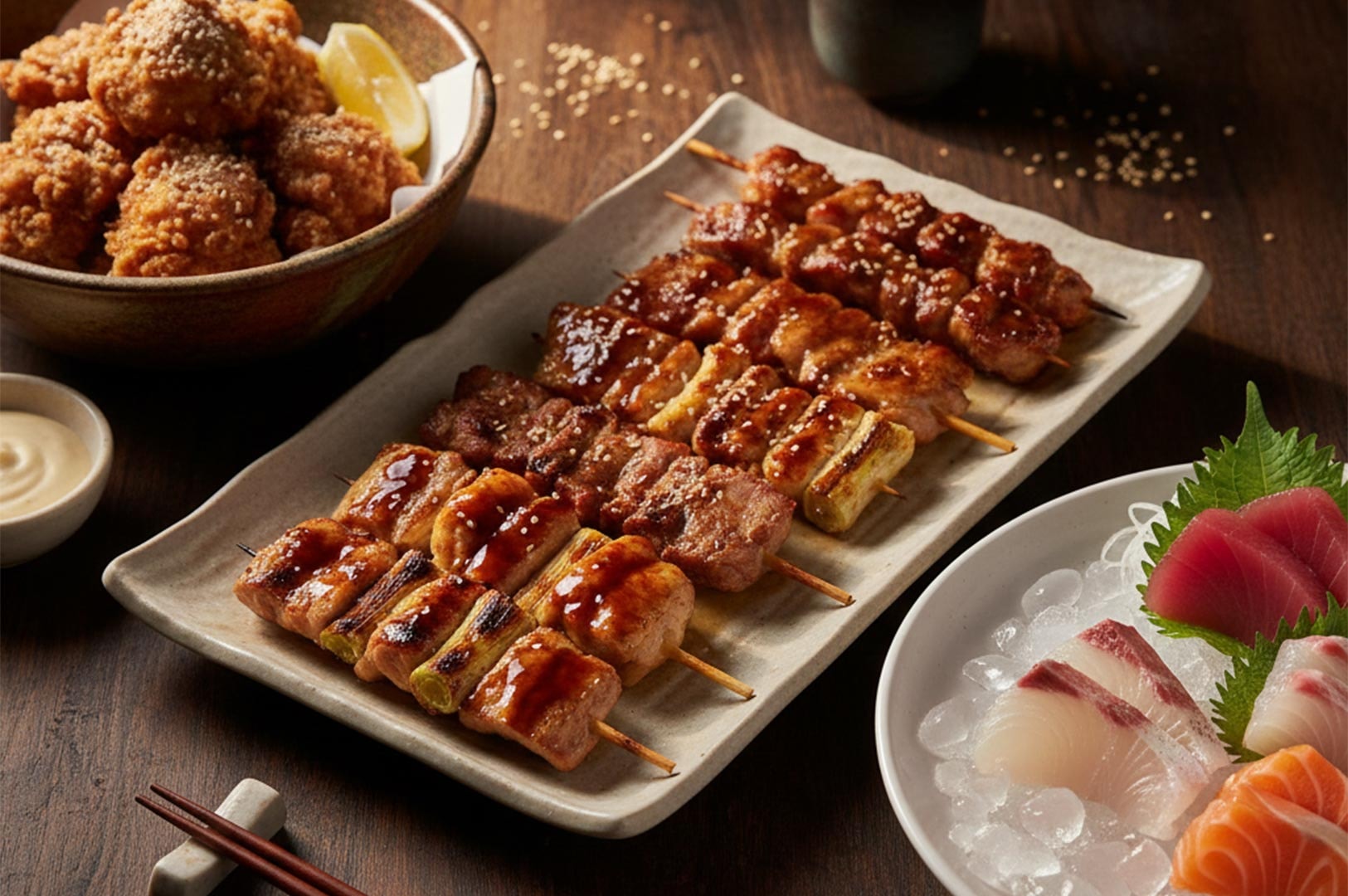 A delicious spread of Japanese food including glazed yakitori skewers, crispy karaage chicken, and fresh salmon and tuna sashimi.
