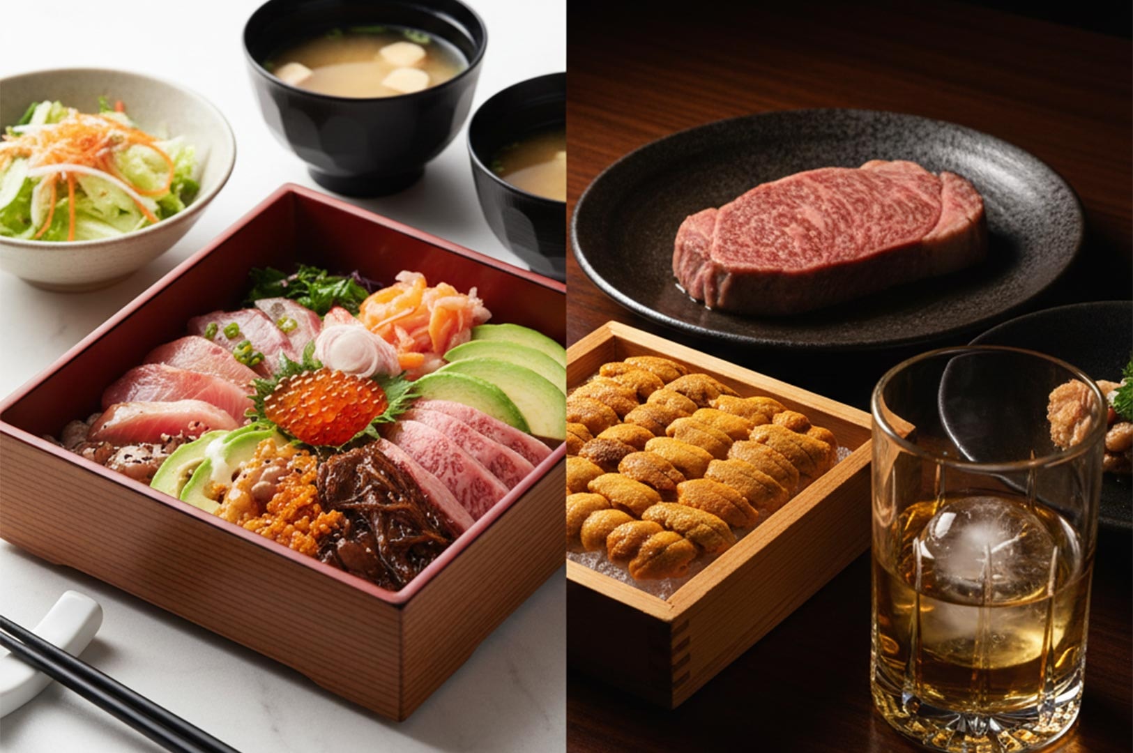 A luxury Japanese meal featuring a seafood kaisen don bowl, premium marbled wagyu beef steak, and a wooden box of fresh sea urchin (uni).