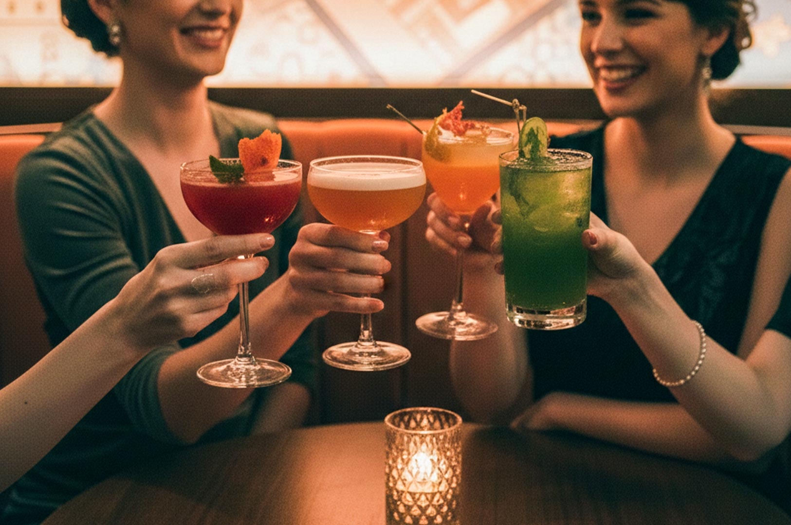Four friends smiling and clinking colorful craft cocktails together in a dimly lit, upscale bar atmosphere.